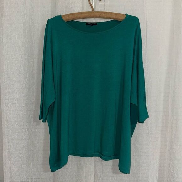 Eileen Fisher M Oversized Boxy For Short Batwing Sleeve Green Stretch Top - Picture 1 of 12